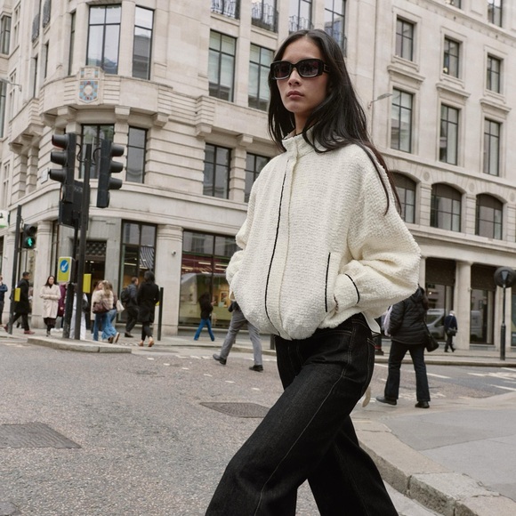 New Zara contrast piping textured bomber jacket in ecru - medium